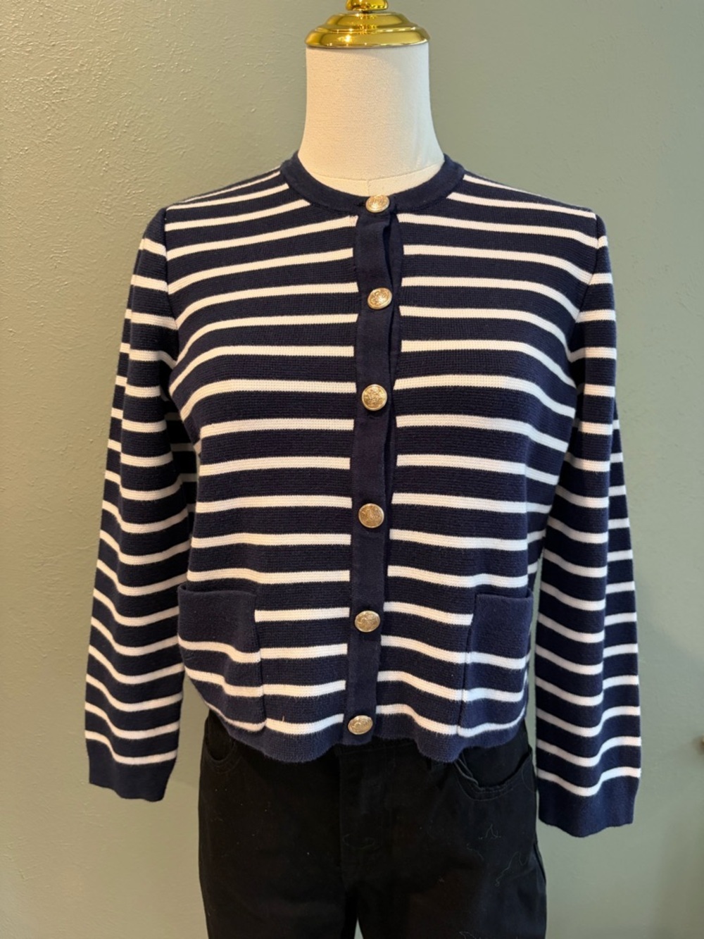 Nine West Navy and White Striped Button Cardigan